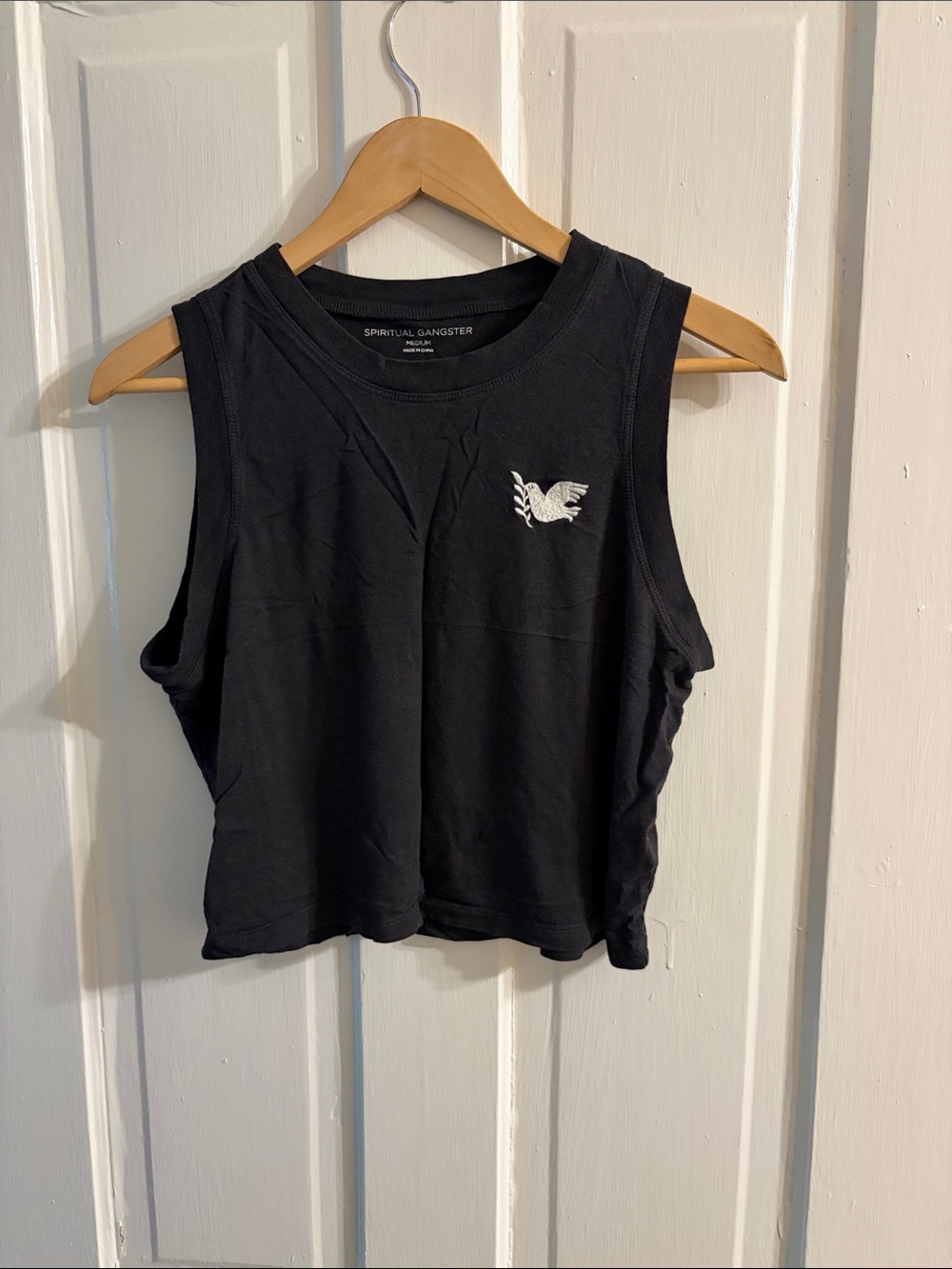 Spiritual Gangster Black Cropped Tank with White Dove Logo